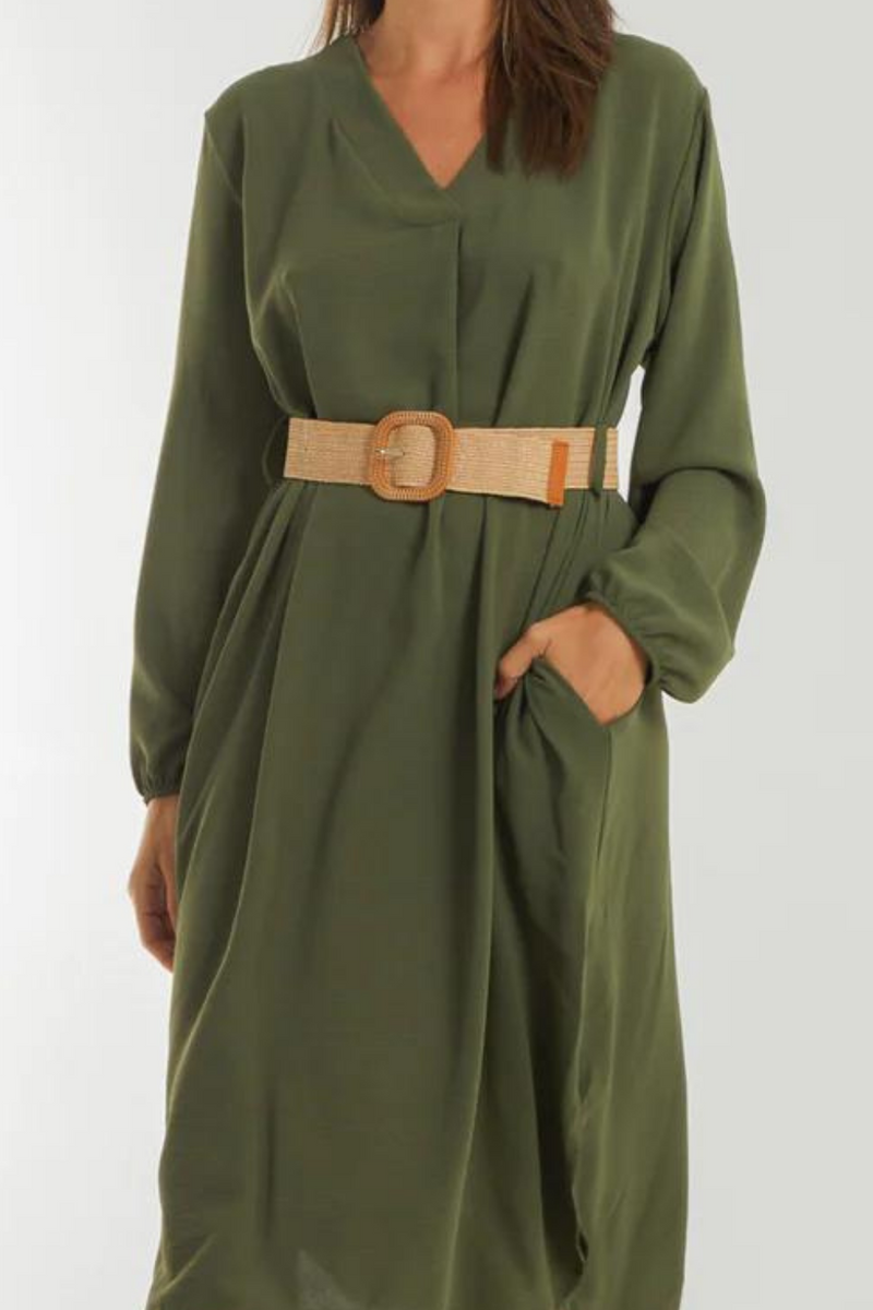 Loose Fit Long Sleeves V Neck Midi Dress with Matching Belt in Khaki