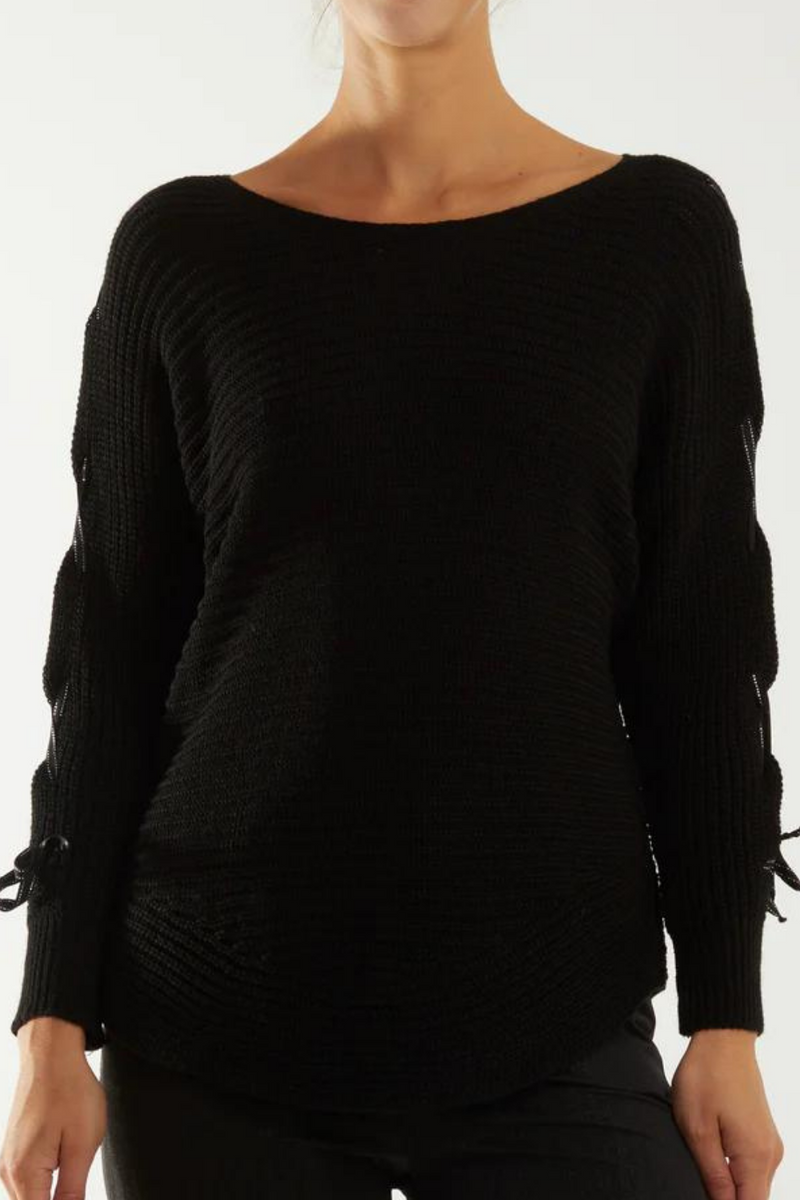 Oversized Knitted Long Sleeves Jumper with Ribbon Details in Black
