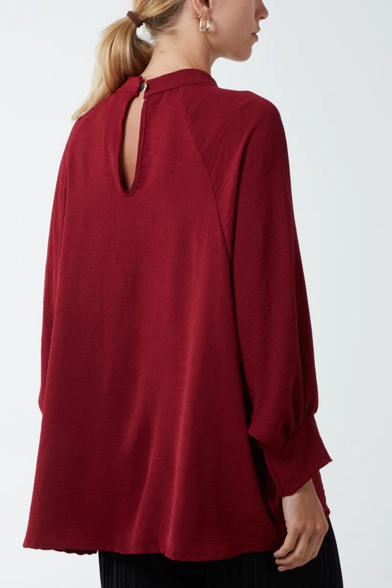 Oversized Batwing Long Sleeves Top with High Neck Detail in Burgundy