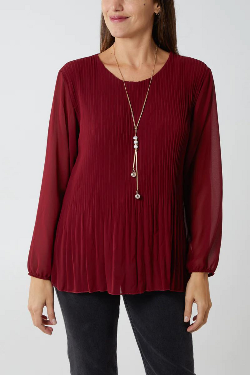 Oversized Long Sleeves Pleated Top with Tulle Details in Burgundy with Necklace