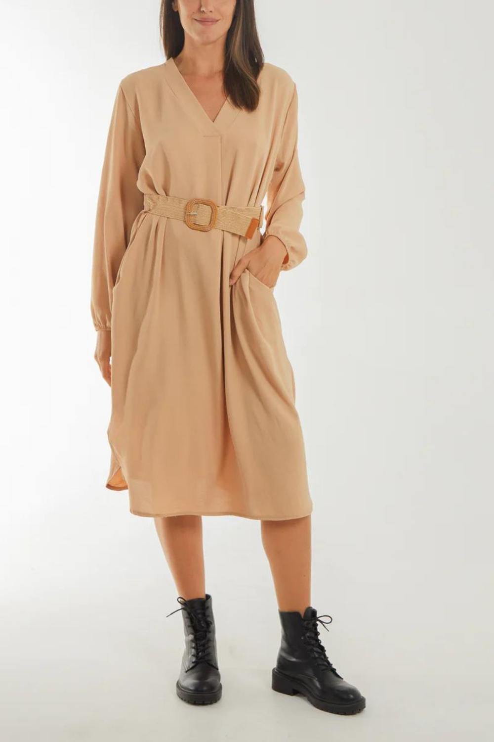 Beige long sleeve midi 2024 dress