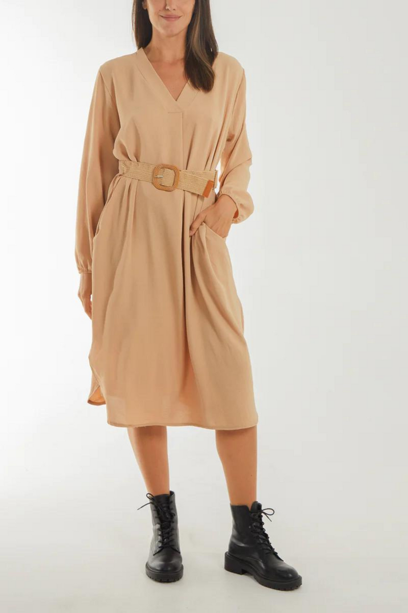Loose Fit Long Sleeves V Neck Midi Dress with Matching Belt in Beige