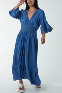Oversized Flutter Sleeves Shirred Waist V Neck Maxi Dress in Blue Denim