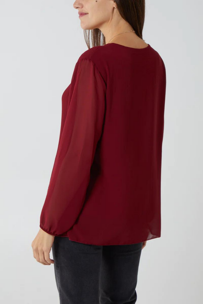 Oversized Long Sleeves Pleated Top with Tulle Details in Burgundy with Necklace