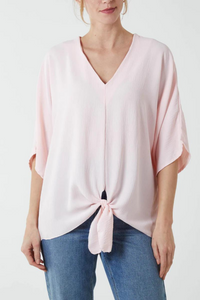 Oversized V Neck Tie Detailed Top with 3/4 Sleeves in Pink