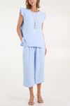 Frill Detailed Top & Wide Leg Trousers Co-Ord Set in Light Blue