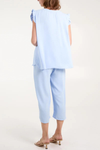 Frill Detailed Top & Wide Leg Trousers Co-Ord Set in Light Blue