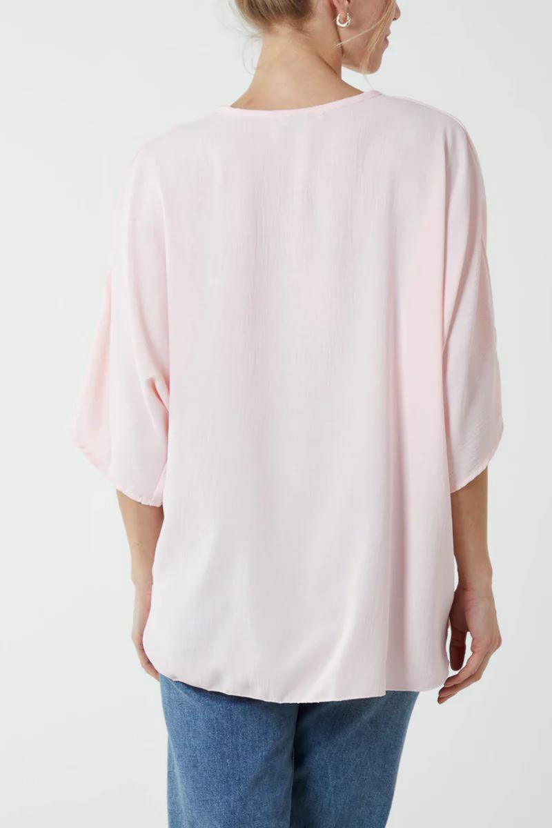 Oversized V Neck Tie Detailed Top with 3/4 Sleeves in Pink