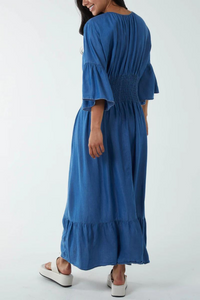 Oversized Flutter Sleeves Shirred Waist V Neck Maxi Dress in Blue Denim