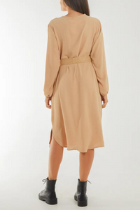 Loose Fit Long Sleeves V Neck Midi Dress with Matching Belt in Beige