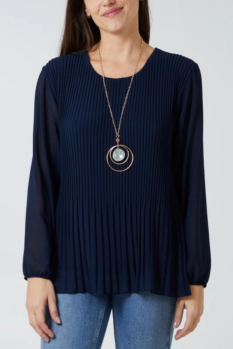 Oversized Long Sleeves Pleated Top with Tulle Details in Navy with Necklace