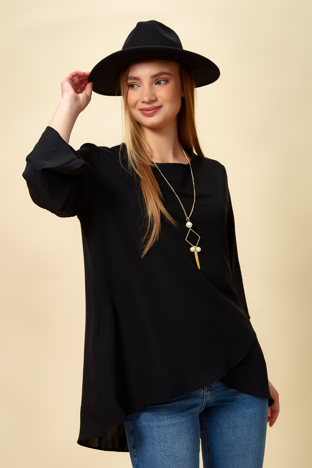 Oversized Black Blouse with Long Sleeves