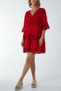 Oversized 3/4 Sleeves Lace Detailed V Neck Mini Dress in Red
