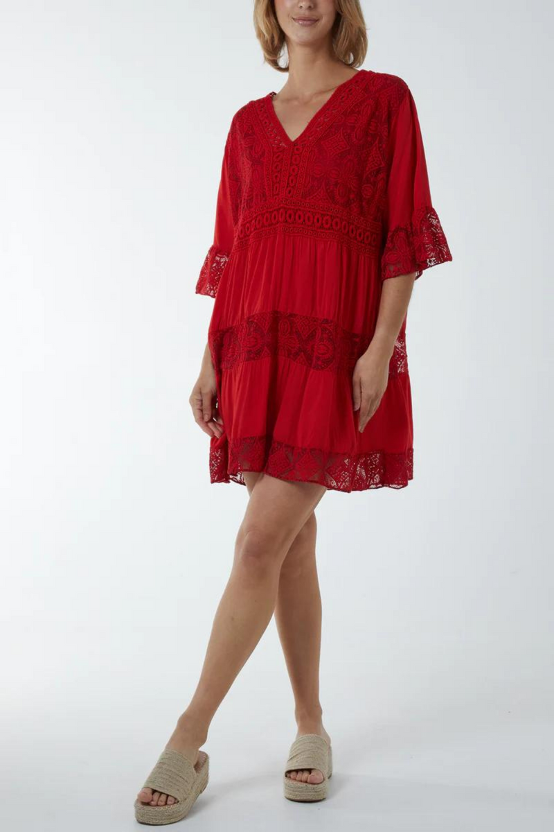 Oversized 3/4 Sleeves Lace Detailed V Neck Mini Dress in Red