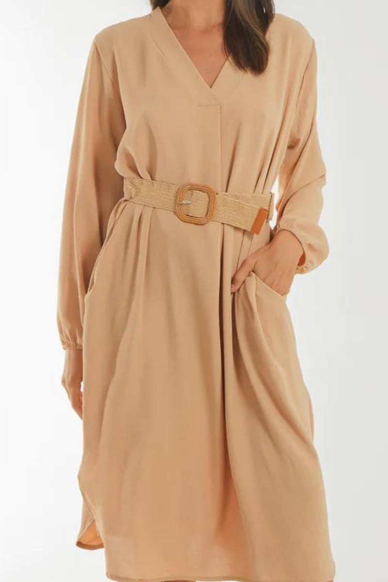 Loose Fit Long Sleeves V Neck Midi Dress with Matching Belt in Beige