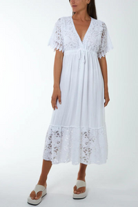 Oversized Short Sleeves Lace Detailed Wrap Front Maxi Dress with Lining in White