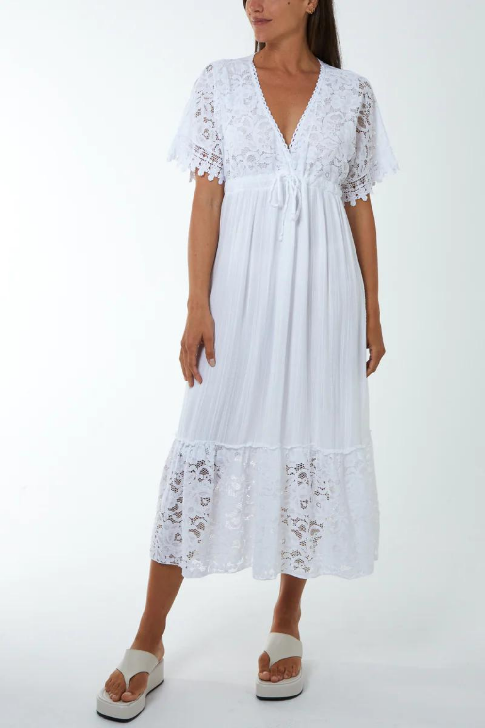 Oversized Short Sleeves Lace Detailed Wrap Front Maxi Dress with Lining in White