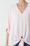 Oversized V Neck Tie Detailed Top with 3/4 Sleeves in Pink