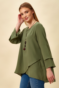 Oversized Asymmetric Layered Blouse in Khaki