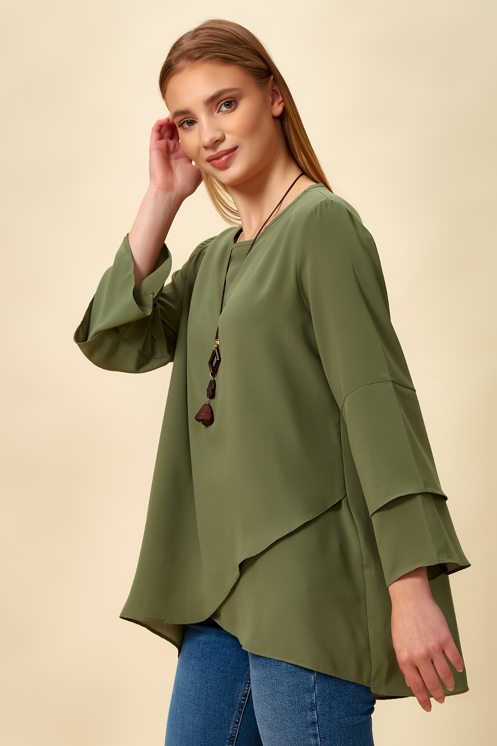 Oversized Asymmetric Layered Blouse in Khaki