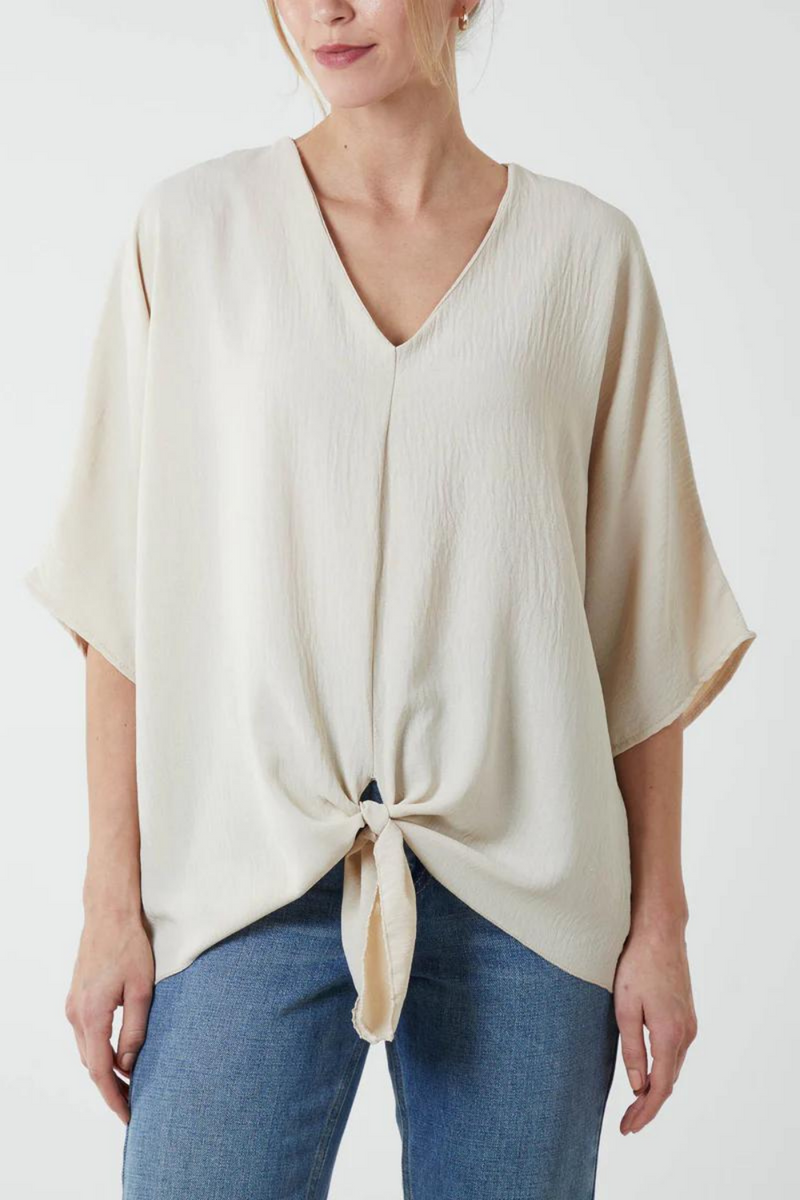 Oversized V Neck Tie Detailed Top with 3/4 Sleeves in Beige