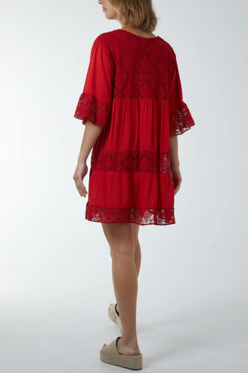 Oversized 3/4 Sleeves Lace Detailed V Neck Mini Dress in Red