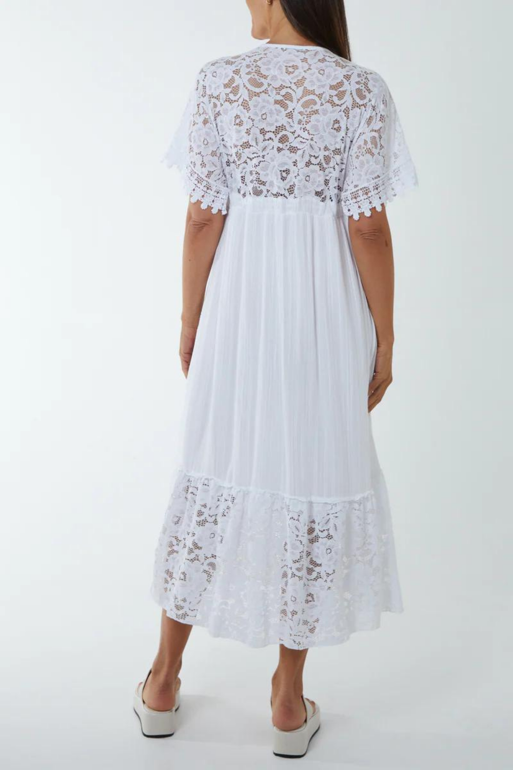 Oversized Short Sleeves Lace Detailed Wrap Front Maxi Dress with Lining in White