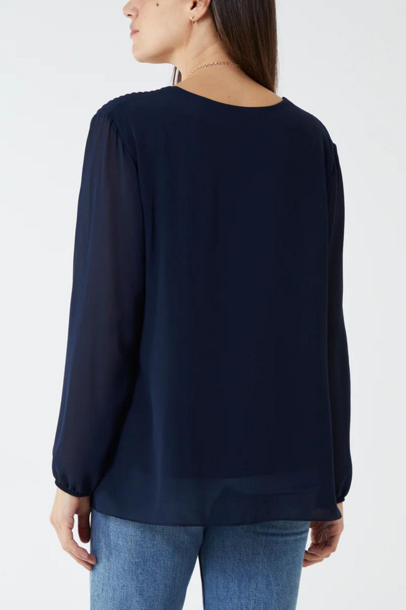 Oversized Long Sleeves Pleated Top with Tulle Details in Navy with Necklace