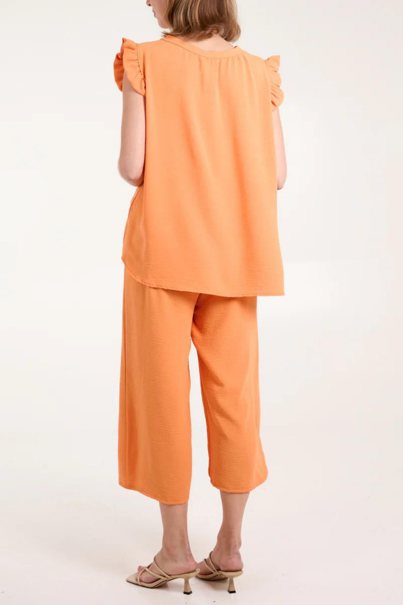 Frill Detailed Top & Wide Leg Trousers Co-Ord Set in Orange