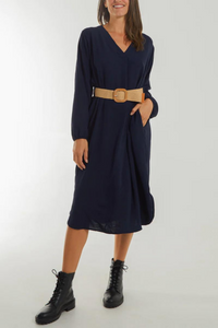 Loose Fit Long Sleeves V Neck Midi Dress with Matching Belt in Navy