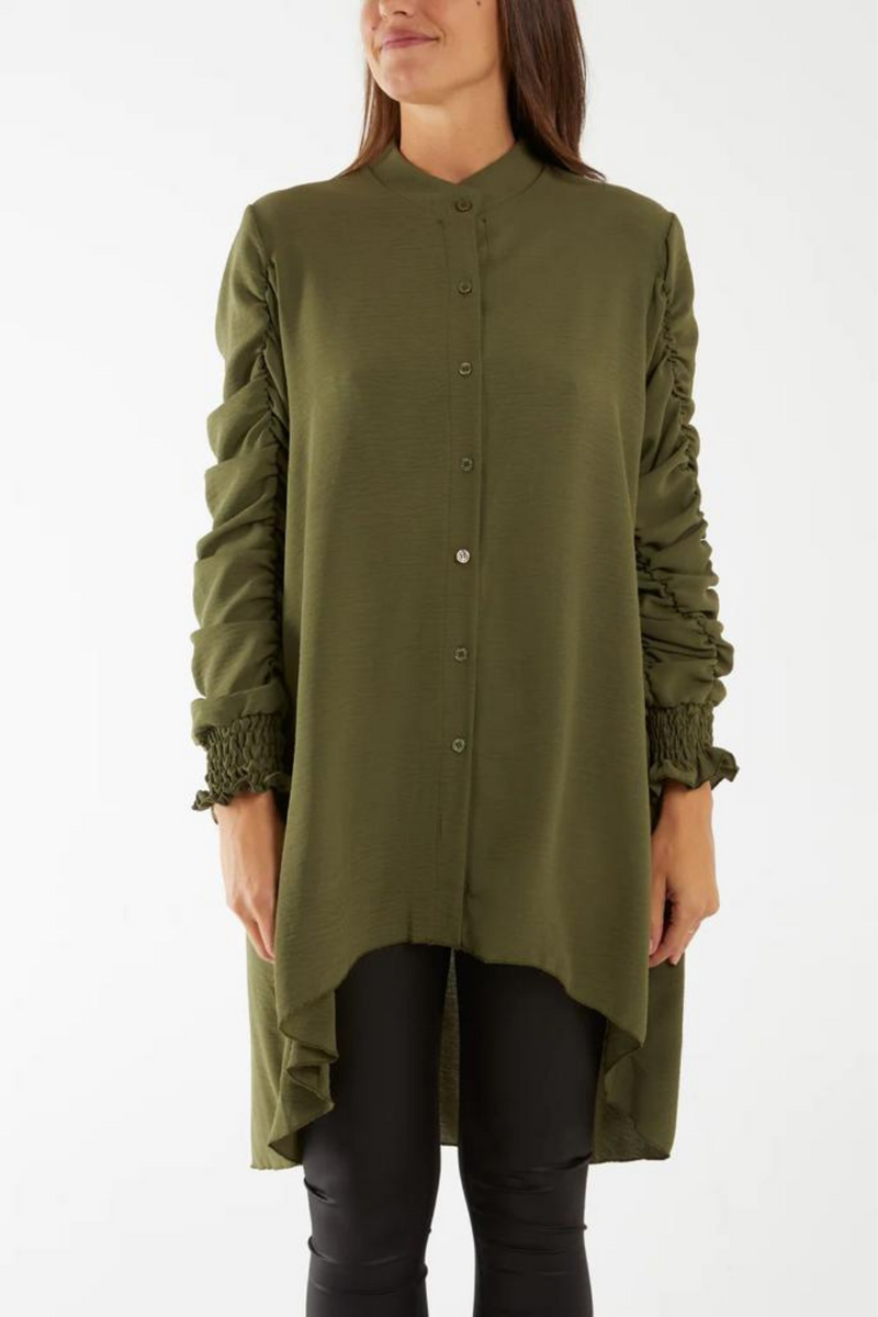 Relaxed Fit Shirred Long Sleeve Ruffle Detailed Shirt Tunic in Khaki