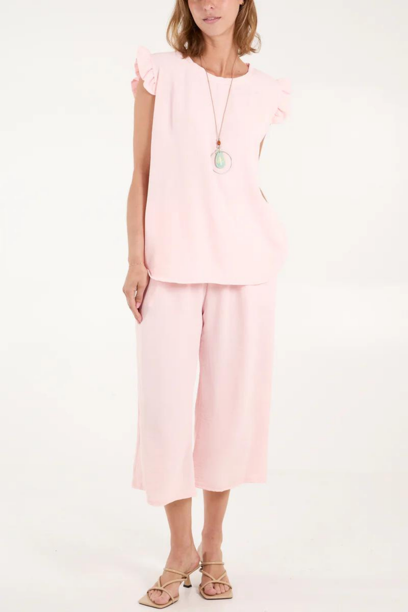 Frill Detailed Top & Wide Leg Trousers Co-Ord Set in Pink