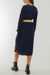 Loose Fit Long Sleeves V Neck Midi Dress with Matching Belt in Navy