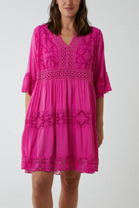 Oversized 3/4 Sleeves Lace Detailed V Neck Mini Dress in Fuchsia