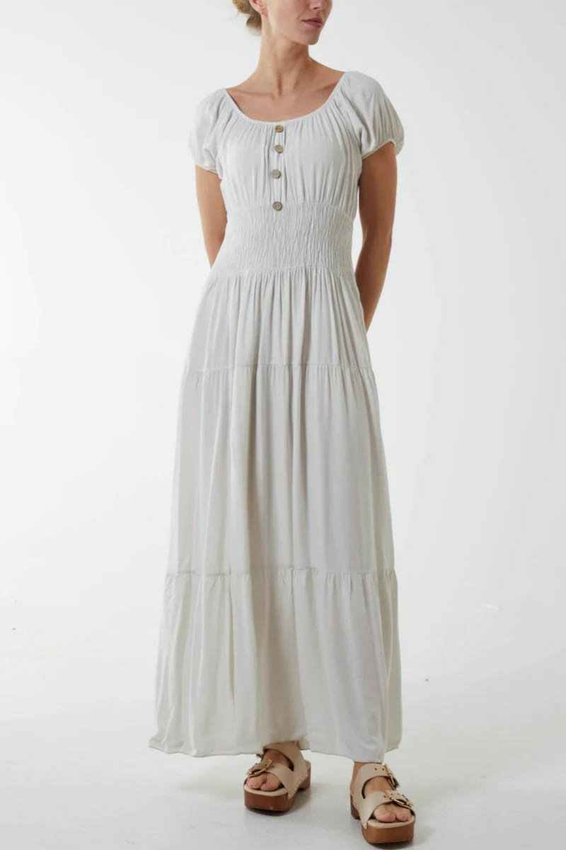 Oversized Button Detailed Puff Sleeve Maxi Dress with Shirred Waist in Beige