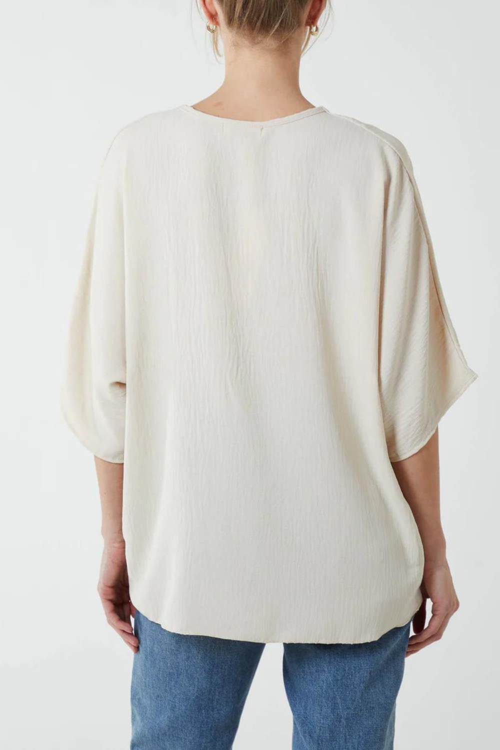 Oversized V Neck Tie Detailed Top with 3/4 Sleeves in Beige