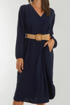 Loose Fit Long Sleeves V Neck Midi Dress with Matching Belt in Navy