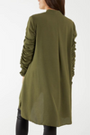 Relaxed Fit Shirred Long Sleeve Ruffle Detailed Shirt Tunic in Khaki