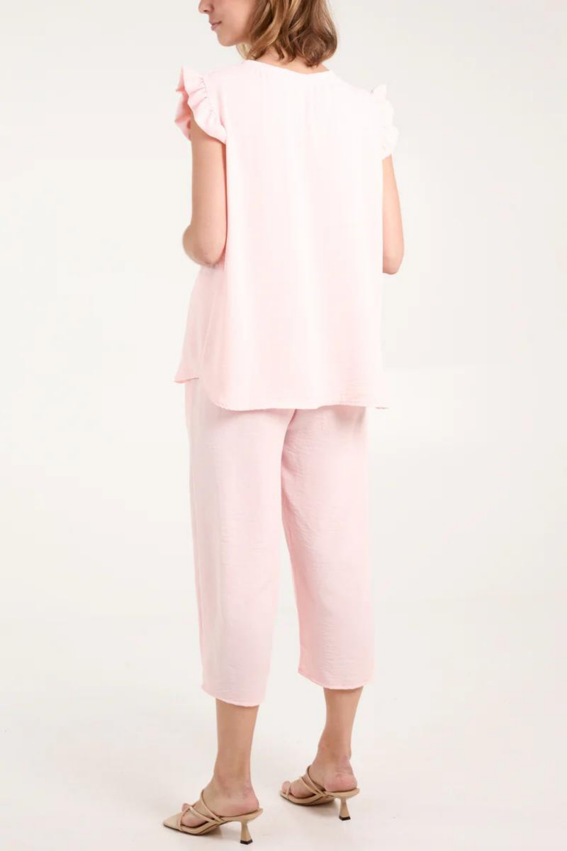 Frill Detailed Top & Wide Leg Trousers Co-Ord Set in Pink