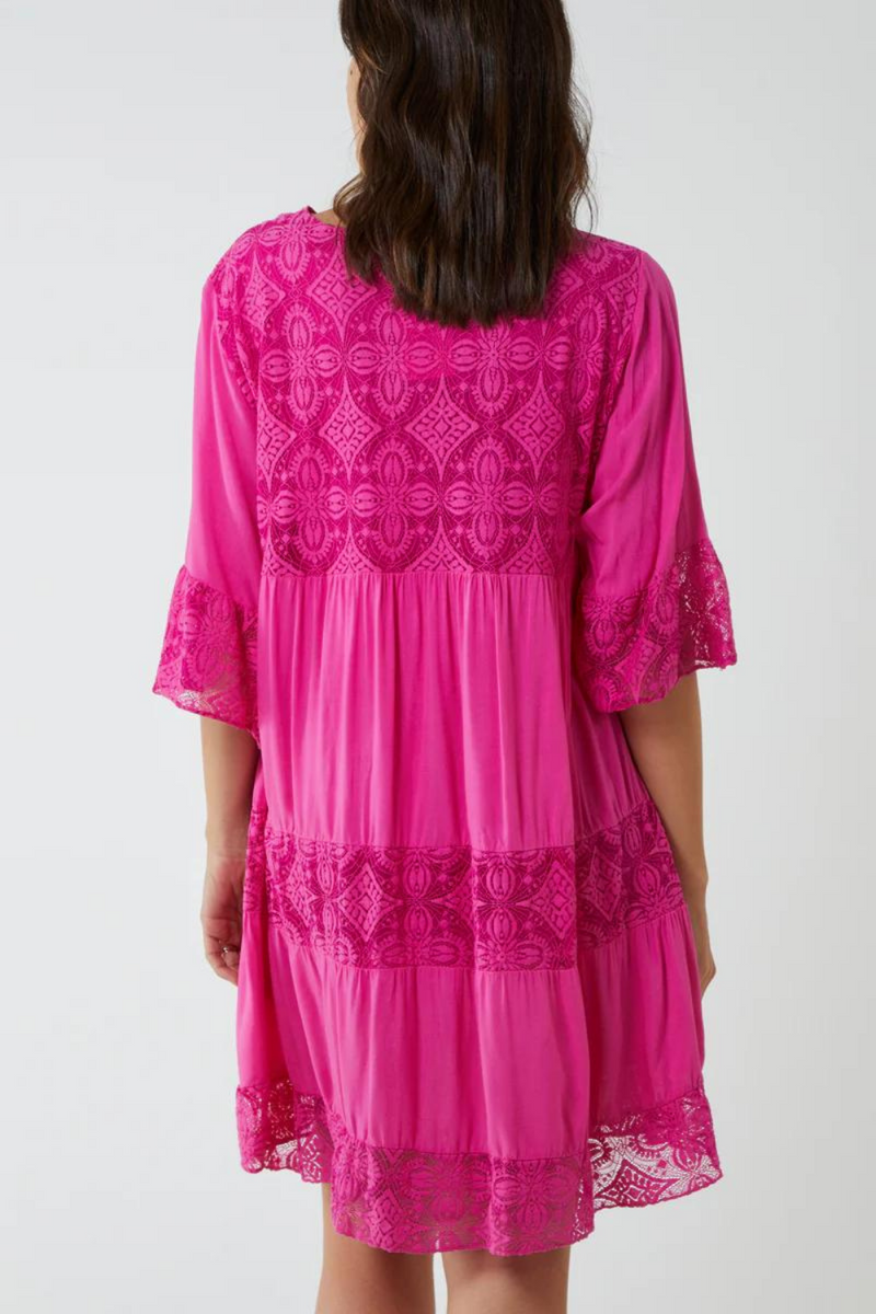 Oversized 3/4 Sleeves Lace Detailed V Neck Mini Dress in Fuchsia