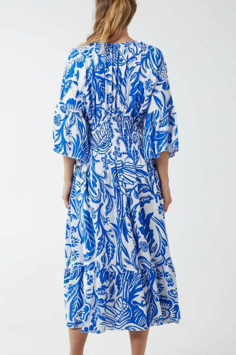 Oversized V Neck Detailed Floral Print Midi Dress in Blue and White