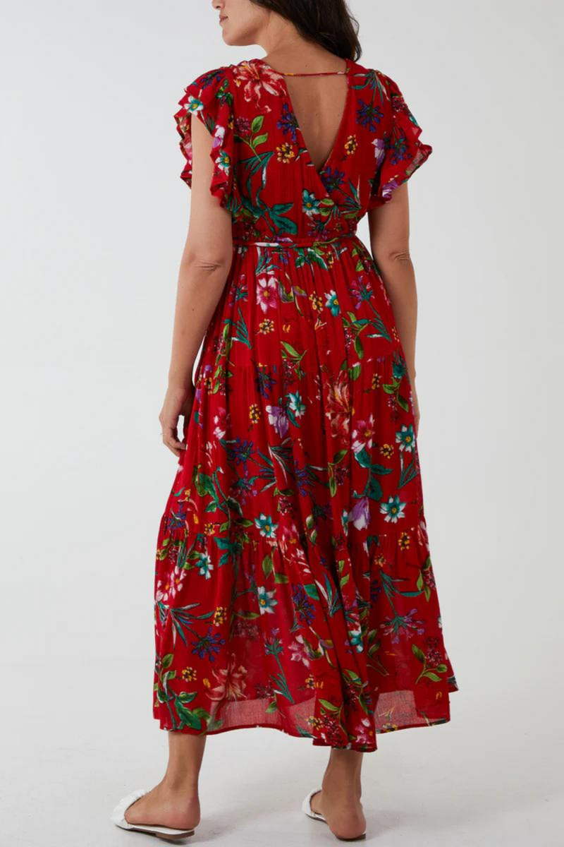 Oversized Short Sleeves Wrap Front Floral Maxi Dress in Red