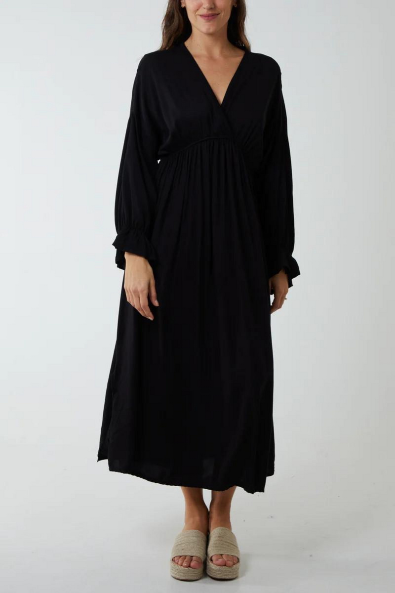 Oversized Long Sleeve Maxi Dress with Wrap Front Detail in Black