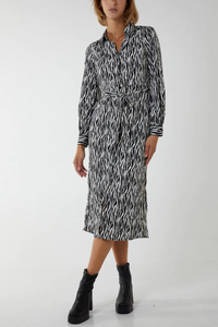 Long Sleeves Zebra Printed Midi Shirt Dress with Matching Belt in Black and White