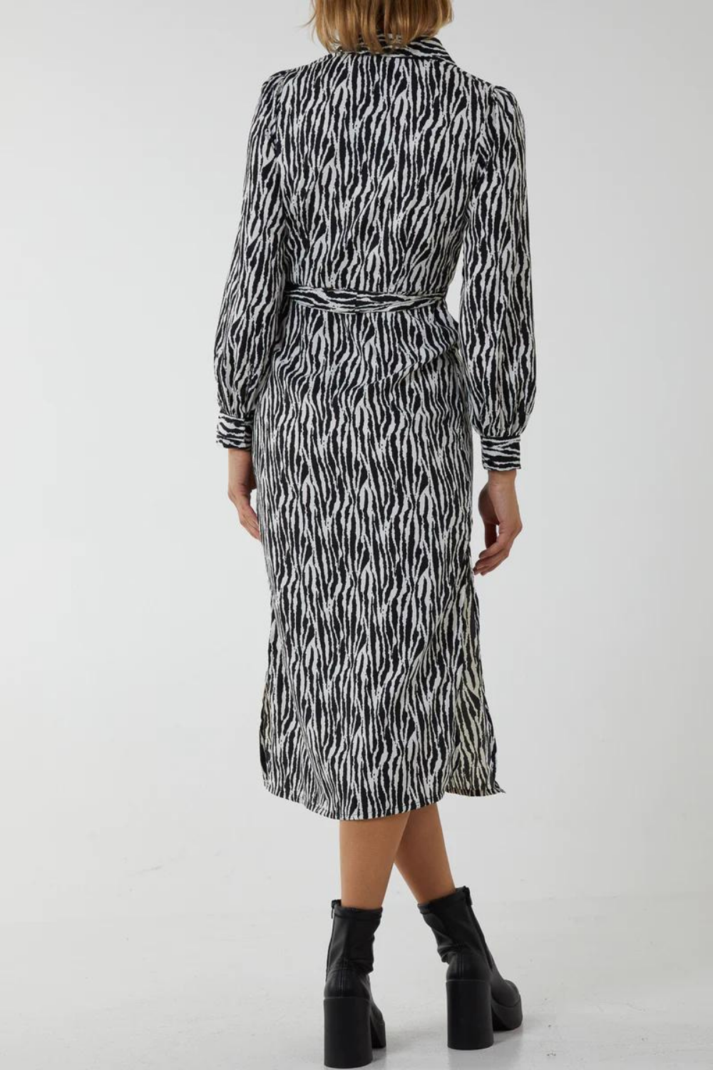 Long Sleeves Zebra Printed Midi Shirt Dress with Matching Belt in Black and White