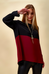 Colour Block Blouse in Black and Burgundy