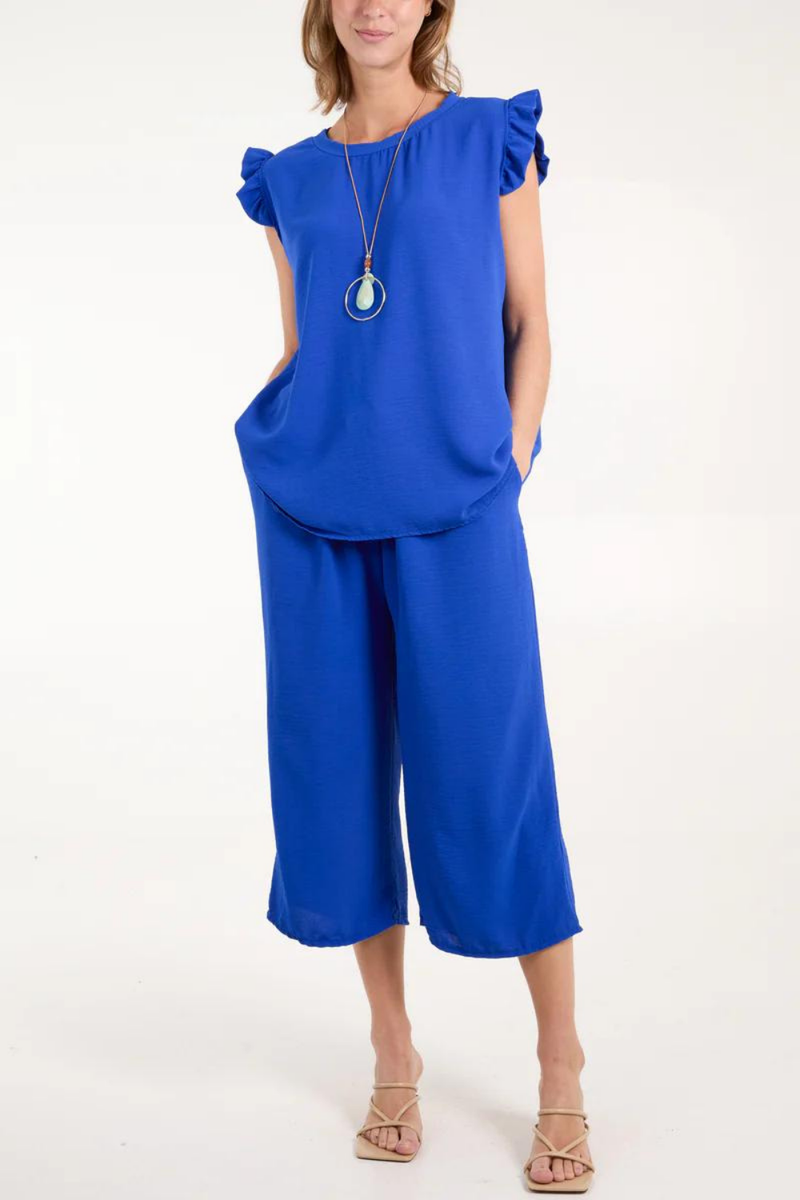 Frill Detailed Top & Wide Leg Trousers Co-Ord Set in Royal Blue