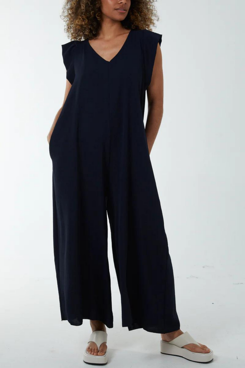 Oversized Back Detailed Ruffle Sleeve V Neck Jumpsuit with Wide Leg in Black