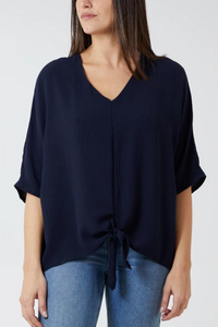 Oversized V Neck Tie Detailed Top with 3/4 Sleeves in Navy