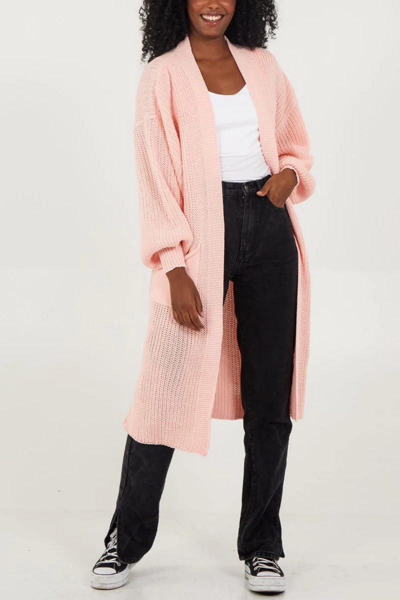 Oversized Long Sleeves Midi Knitted Cardigan with Pocket Details in Pink